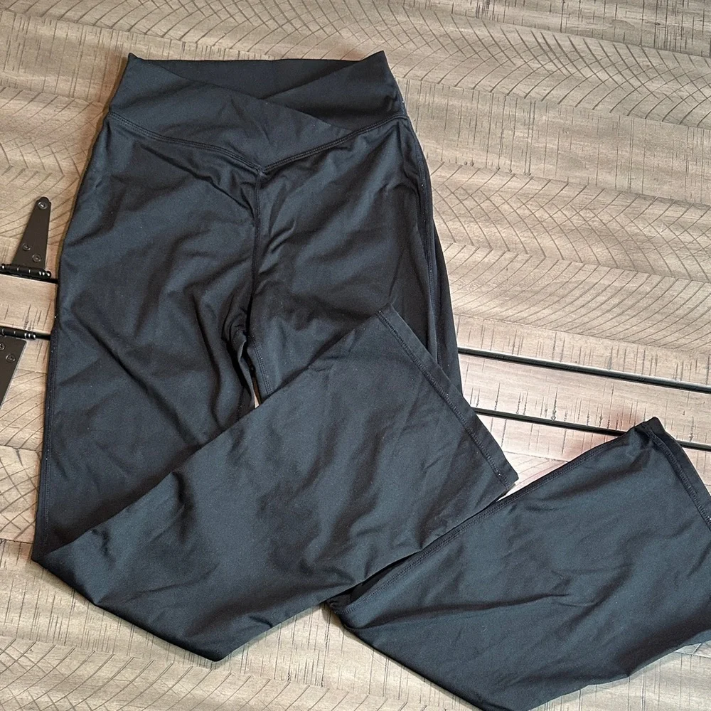 Girls Black Performance Leggings wide flare leg crossover waist